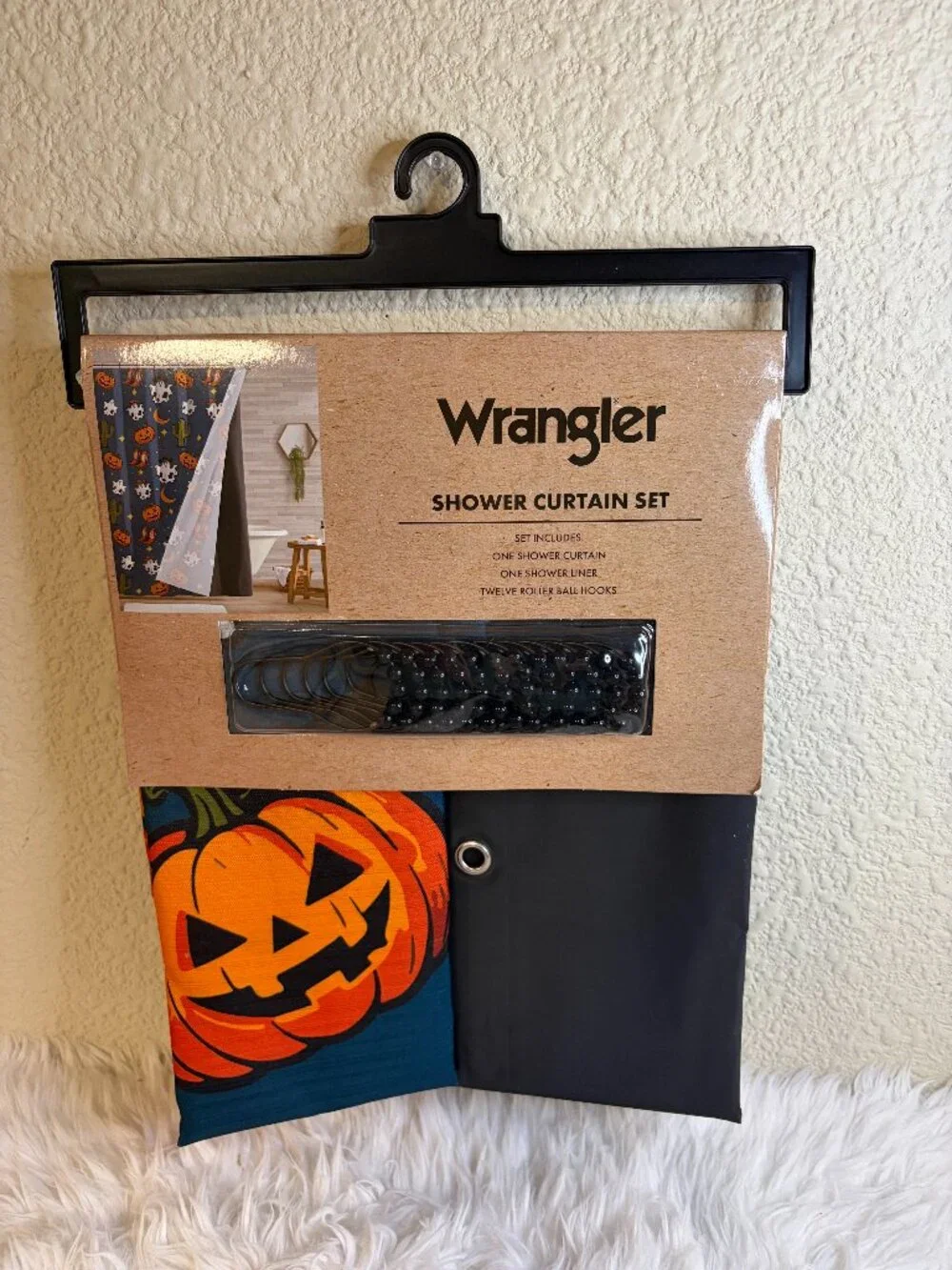 Wrangler Halloween Shower Curtain Set Ghost Pumpkin Black Cat 72x72 NWT